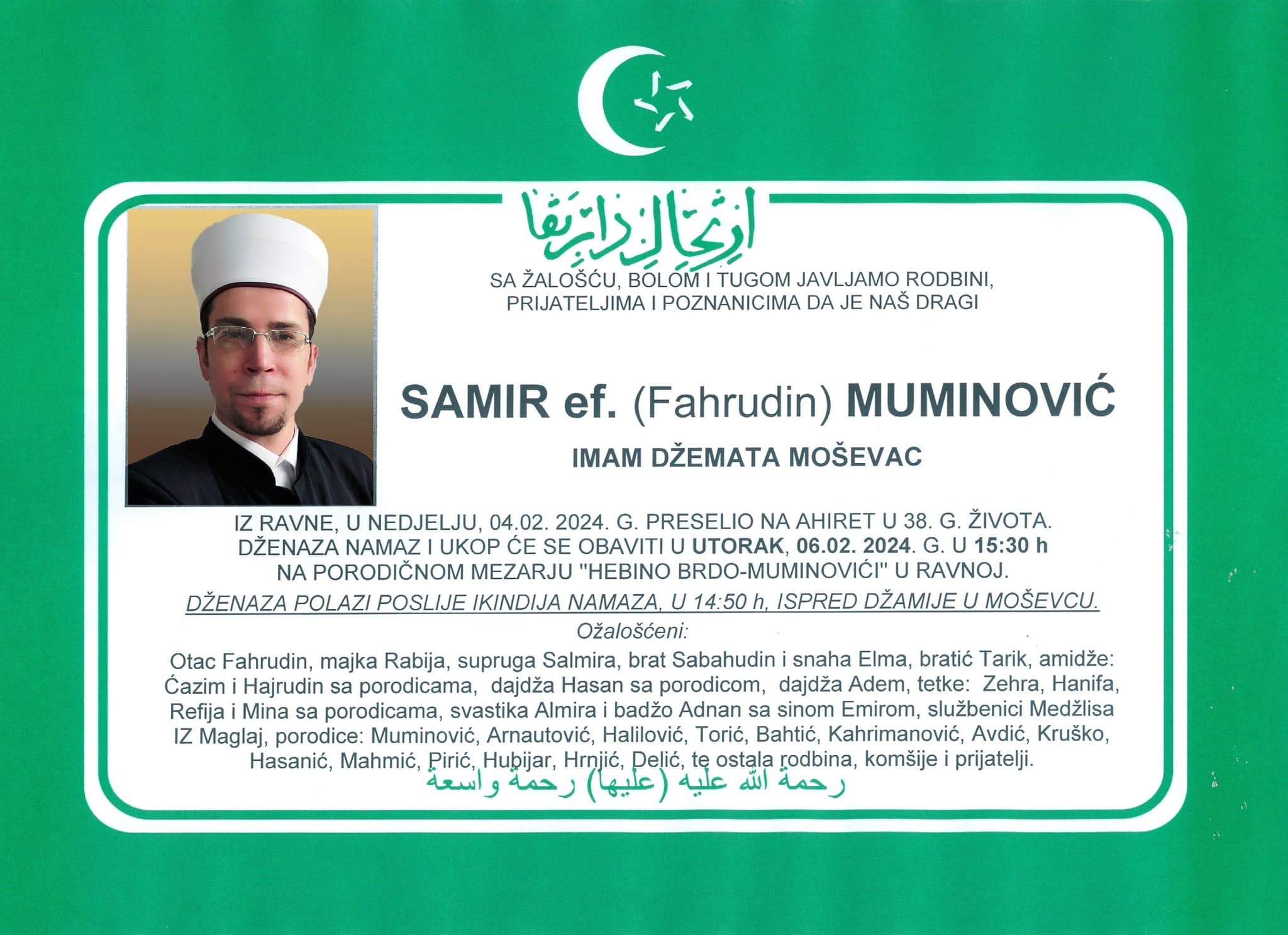 Osmrtnica - Samir.jpeg - Na ahiret preselio Samir-ef. Muminović, imam džemata Moševac u Maglaju